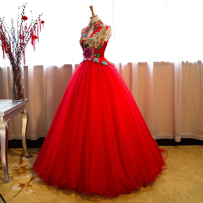 red flower peacock sequin beading embroidery ball gown medieval dress Renaissance gown queen Victorian Belle Ball gown