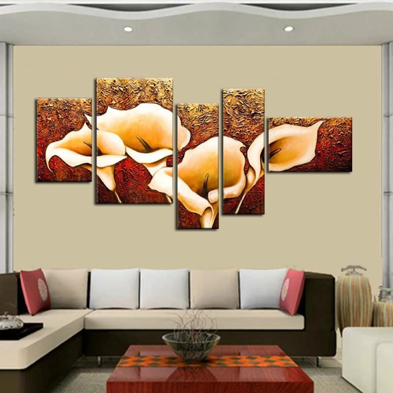 

Yellow Calla Lily Paintings on canvas,nice flowers oil paintings for living room decoration,5 pieces/set