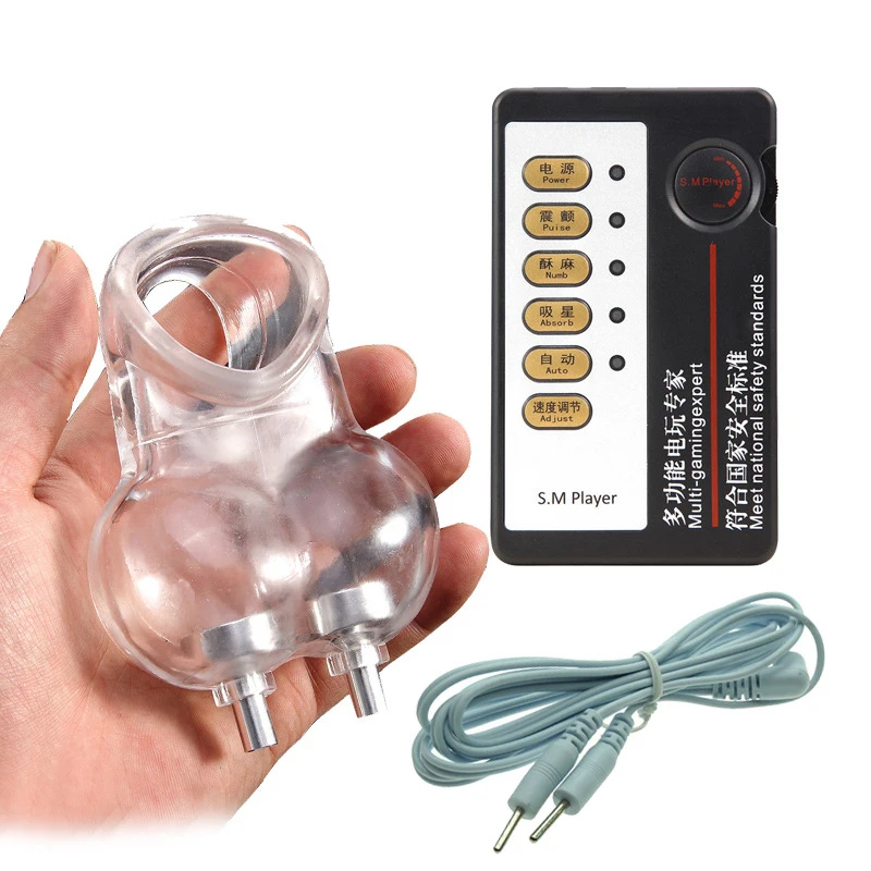 Electric Shock Scrotum Ball Bondage Penis Ball Stretcher Vibrator Ring Man Chastity Cage Device Penis Cock Ball Sex Toys For Men