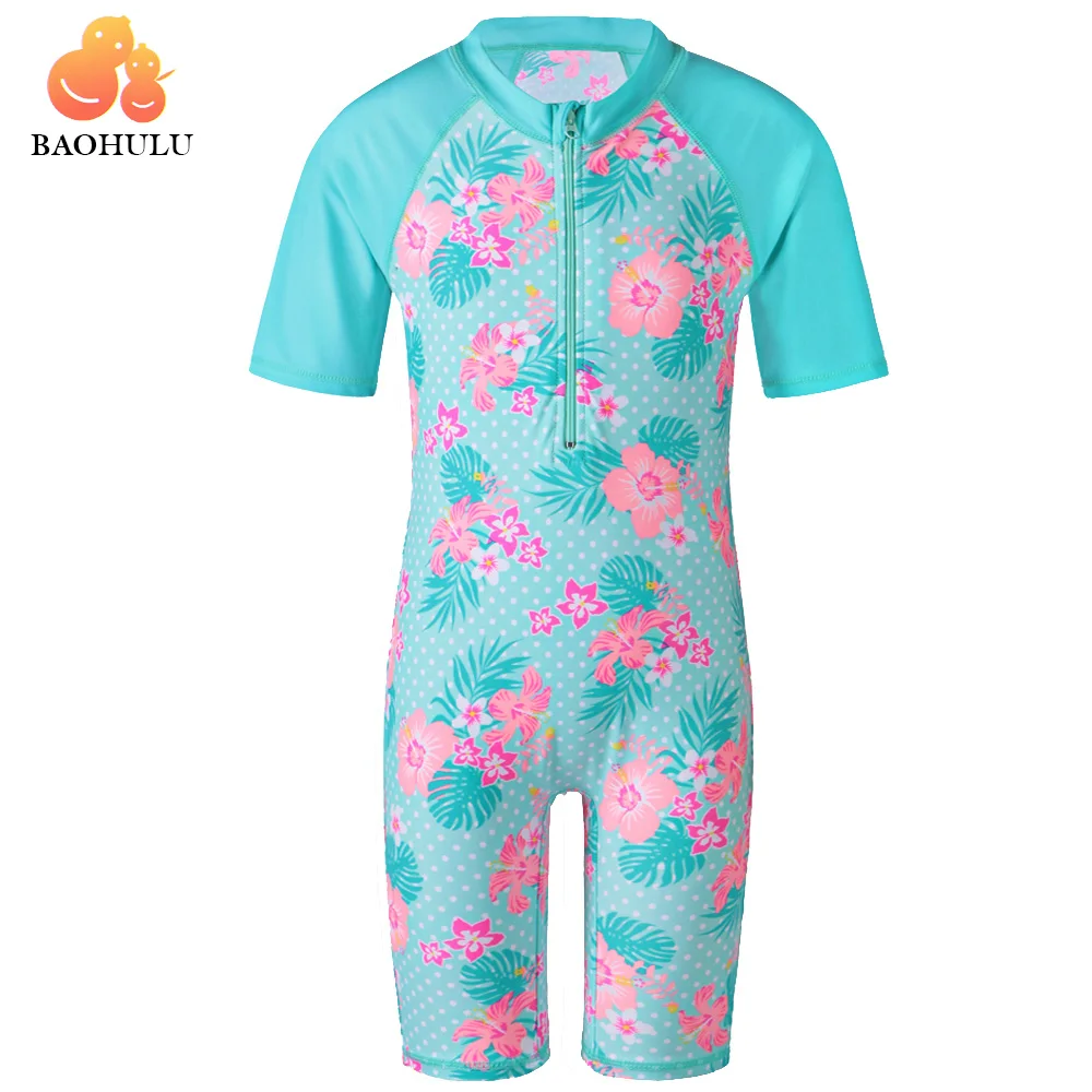 BAOHULU Cyan Flower Baby Girl Swimsuit UV UPF50+ One Piece Kids Girls Swimwear for 3-12 Years Children Swimming Suit Beachwear