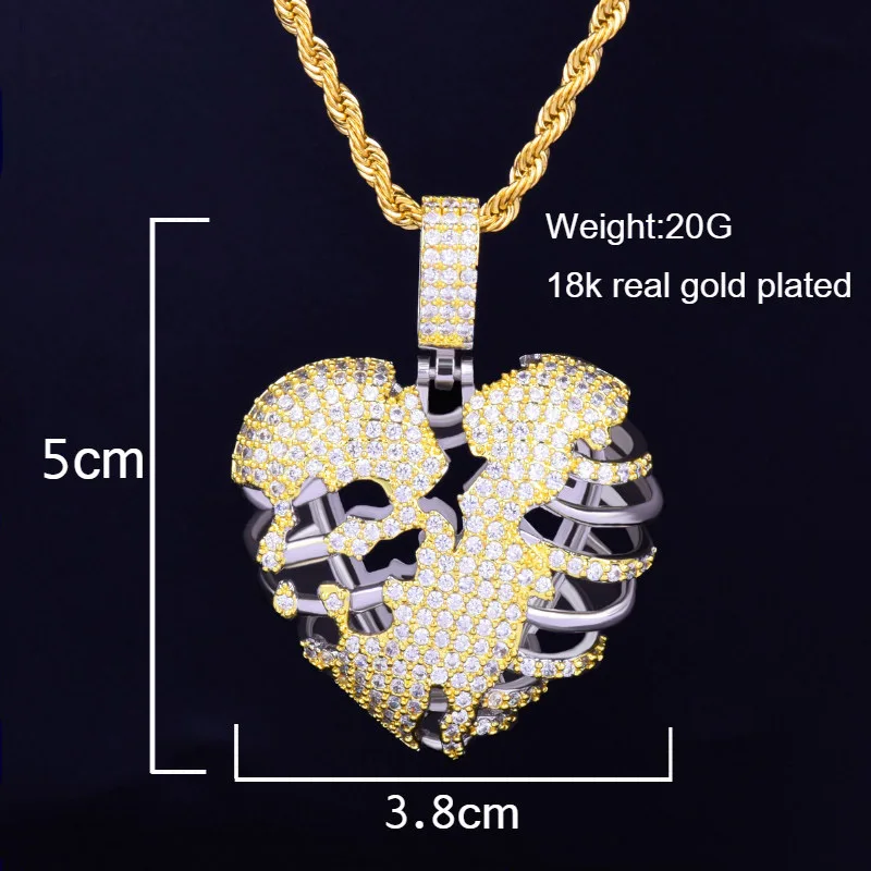 Broken Skeleton Heart Pendant Necklace AAA Cubic Zircon Men\'s Hip Hop Rock Jewelry