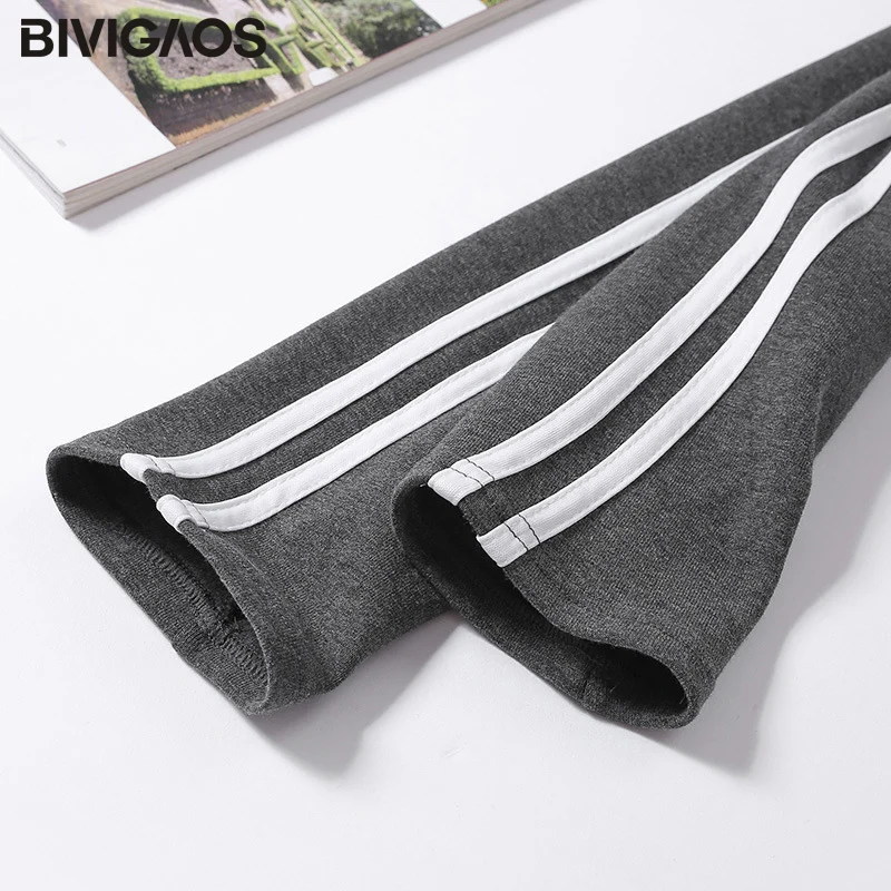 BIVIGAOS Womens New Casual Leggings Side White Stripe Elastic Cotton Leggings Pants Women Clothing Fashion Legging for Women