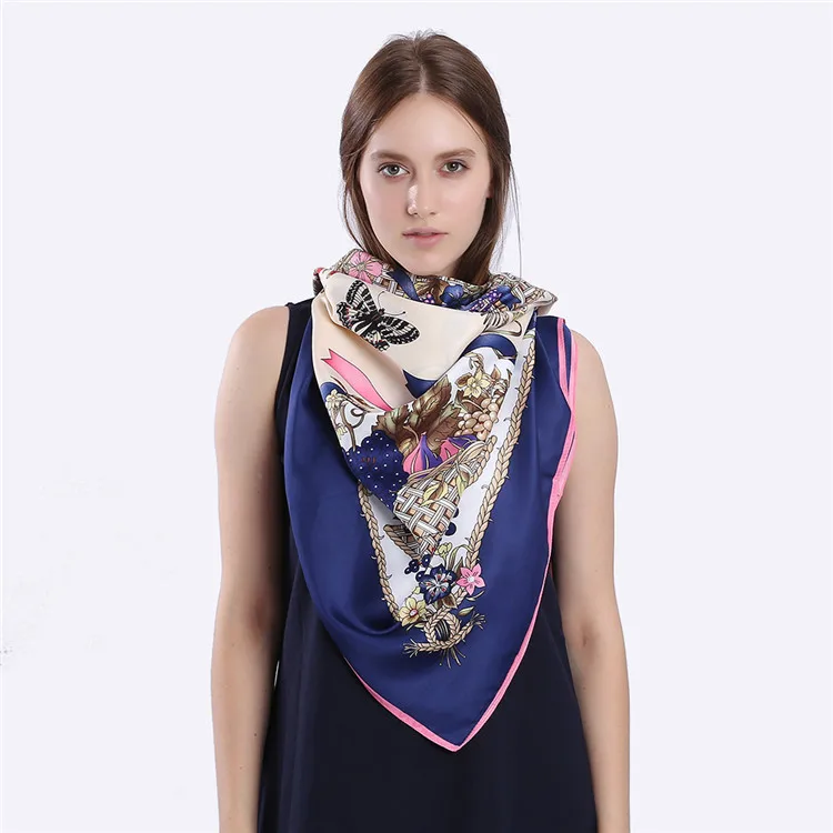 POBING 100% Twill Silk Scarf Women Luxury Designer Butterfly Print Square Scarves Wraps Large Shawls Silk Stoles 130*130CM