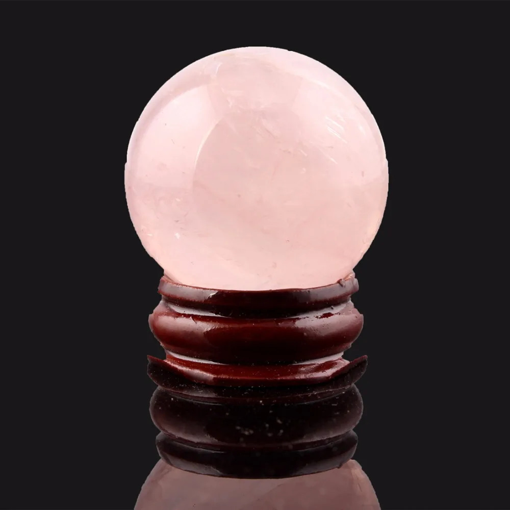 

Natural Stone Carved 35mm Rose quartzs Rock Clear crystal Sphere wood stand Bell Chakra Healing Reiki Crafts Free pouch