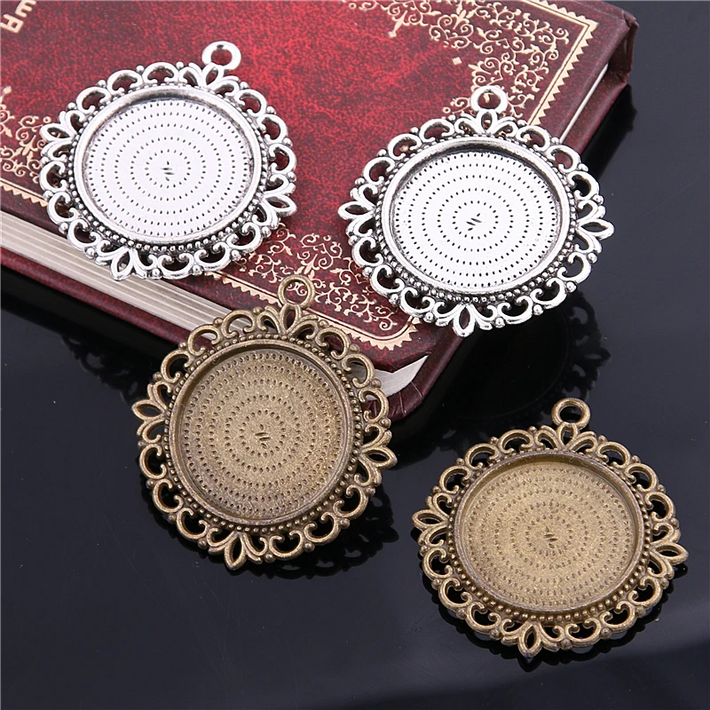 Sweet Bell 10 pcs two color Alloy Cameo double-sided Filigree 25mm round Cabochon Pendant Setting Jewelry Blank Findings 6B984