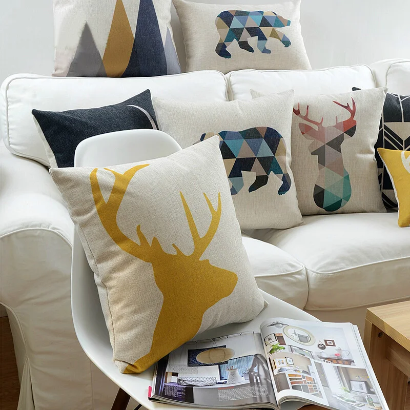 Nordic Yellow Geometric Pillow Cover Cartoon Animals Deer Bear Cushion Cover Home decorative Linen Pillow Case Sofa Cushion