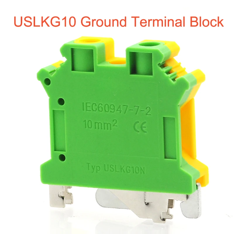 5/10Pcs USLKG10 Ground Terminal Blocks DIN Rail Type Terminal Blocks UK-10N สีเหลืองสีเขียว Earthing Morsettiera Connector 10mm2
