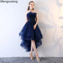 Vestido de noite sem alças com apliques, azul marinho, costas longas, elegante, renda, curto, na frente, formal, baile, festa