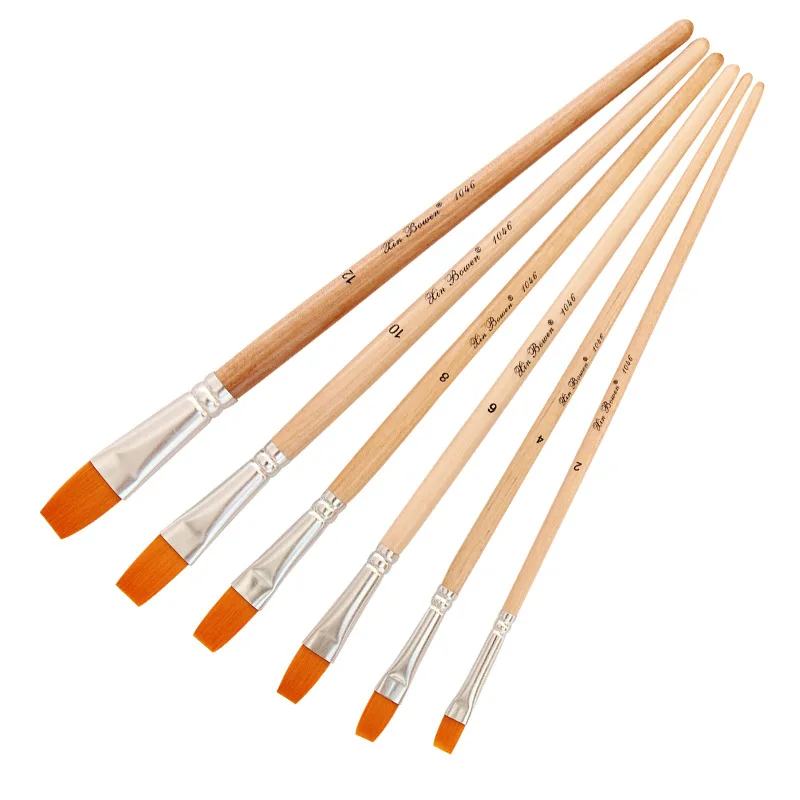 

New wood pole gouache brushes flat head acrylic brush 6 pcs sets yellow nylon hair watercolor brush pen art painting brush