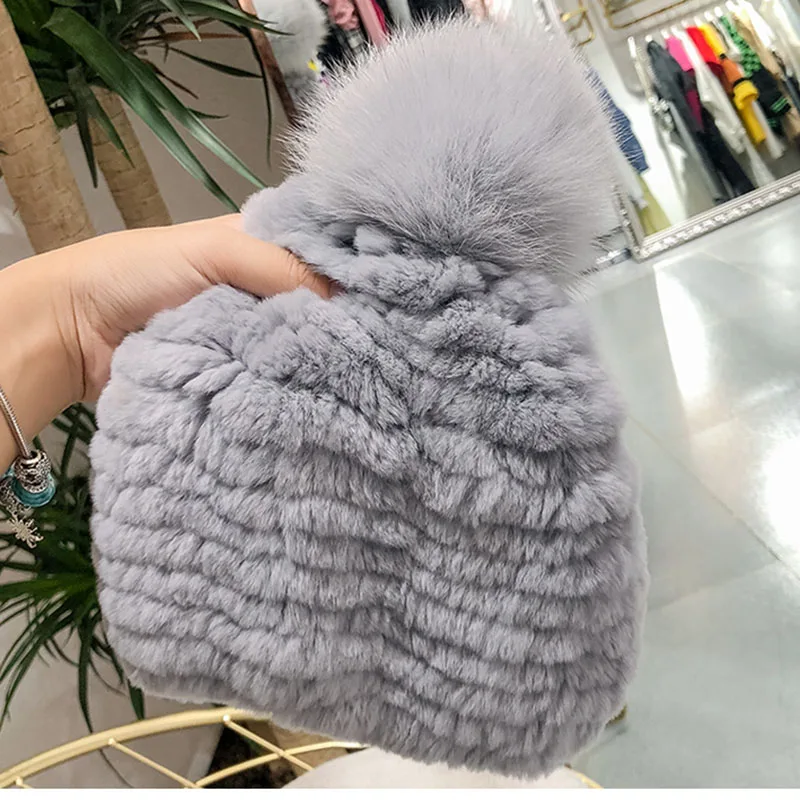 Knitted Real Rex Rabbit Fur Hat Women Genuine Fur Hats With Fox Fur Pompom Ladies Fashion Russia Fur Cap Female Winter Beanie