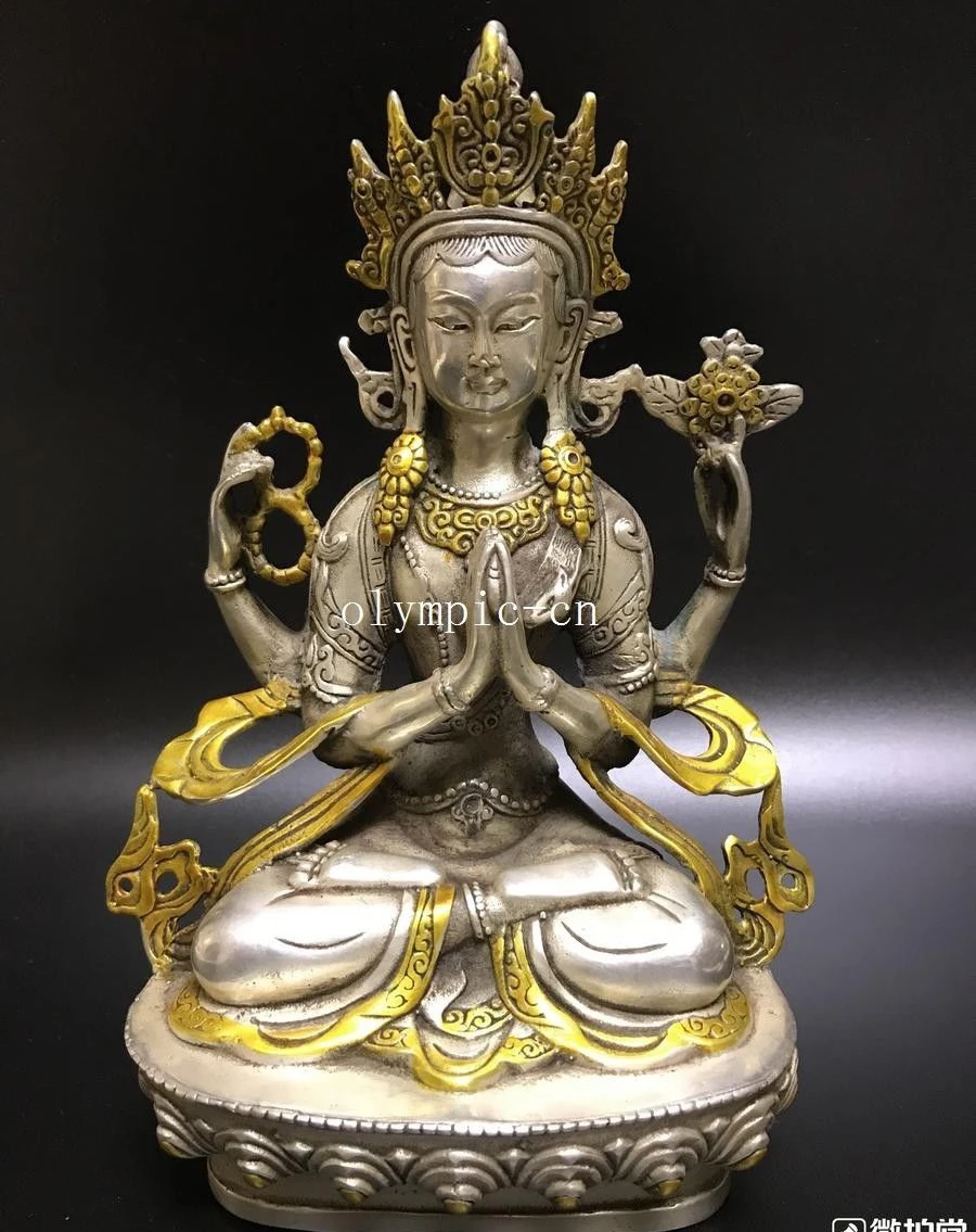 8'' bronze silver plating painting gild kwan-yin Shadakshari Avalokitesvara