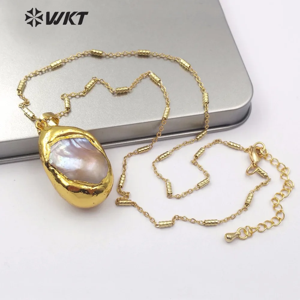 WT-JN063 Natural Freshwater Pearl Necklace Teardrop Shape Dip Gold Pearl Random Size with 18inch Chain High Quality Lady Jewelry