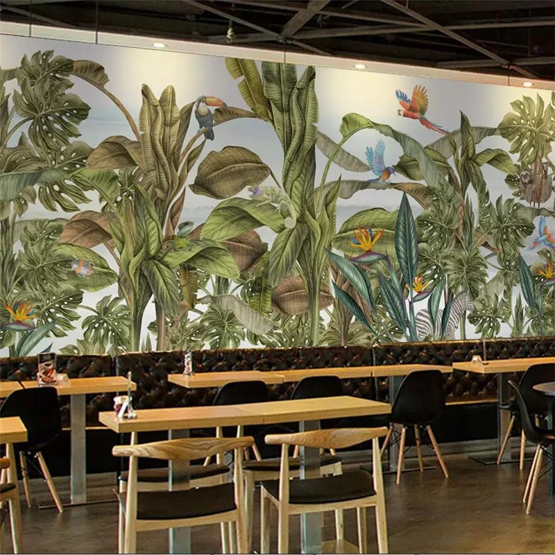 

wellyu Hand-painted tropical rainforest plants flowers and birds animals forest background wall custom large mural wallpaper