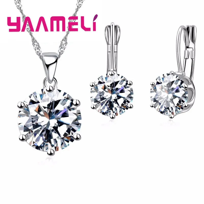 Factory Price 17 Colors Women Wedding Fashion 925 Sterling Silver Pendant Necklace Earrings Jewelry Sets Wholesale