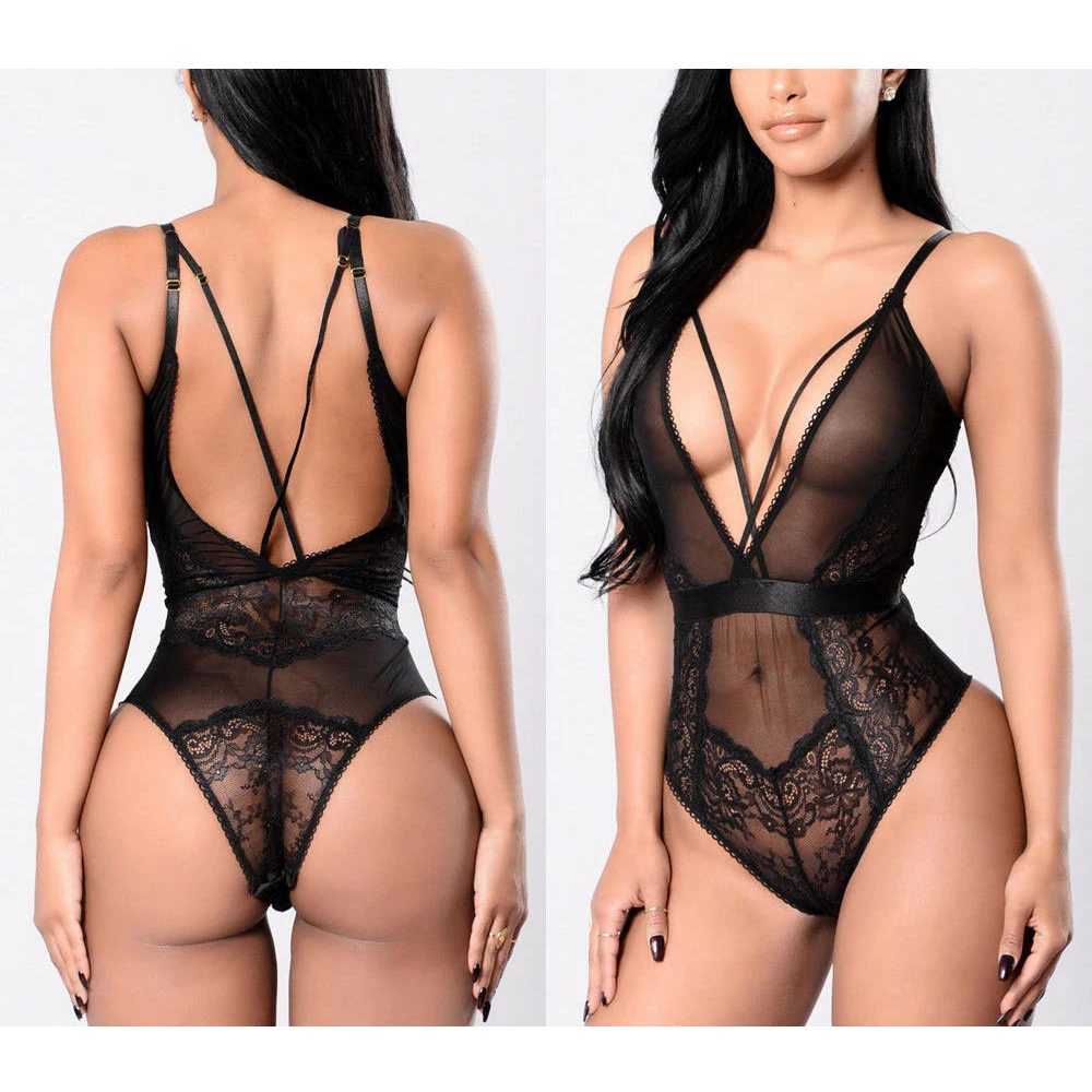 KLV ผู้หญิงสีดำลึก V คอลูกไม้หญิงเซ็กซี่ Off - Shoulder Backless Bodysuit Bar Party Romper plus ขนาด