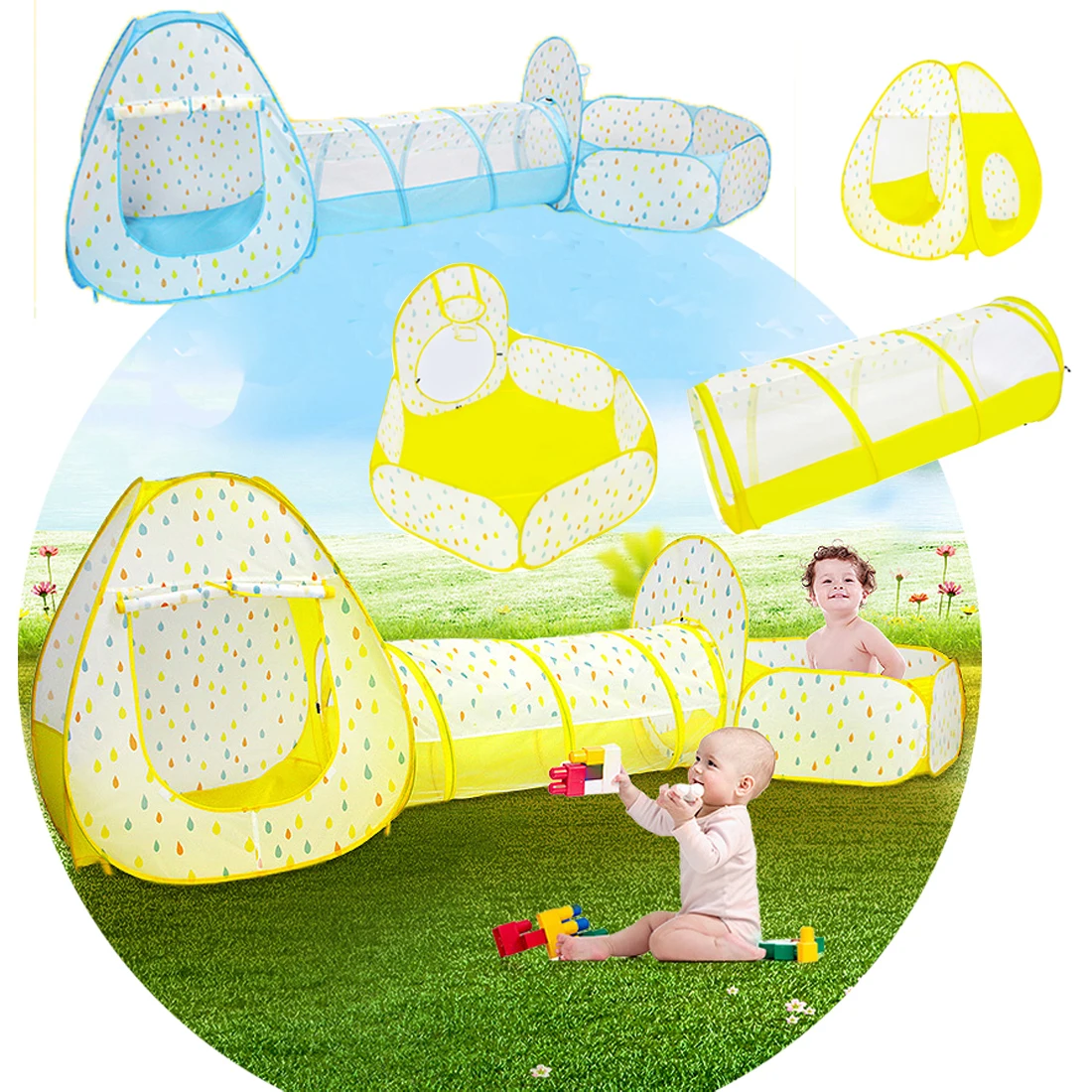 3 in 1 Kids Raindrop Toy Tent With Ball Pool  Crawling Tunnel Teepee Children Folding Play Tent Baby Breathable Game House