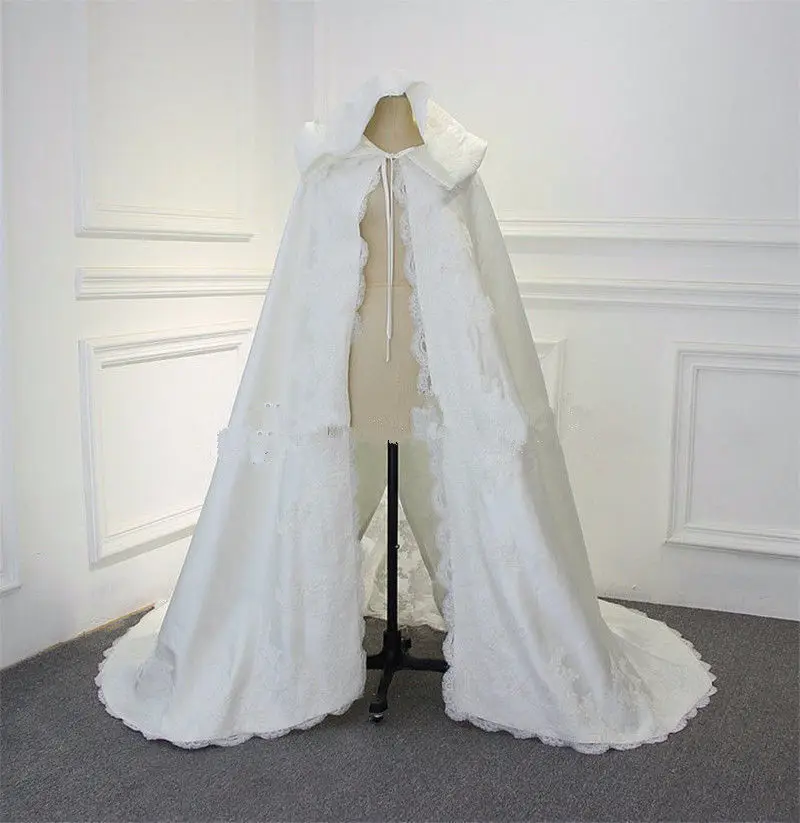 Luxury New Wedding White Ivory Wraps Shawl Capes Long Train Lace Edge With Hood Appliques Bridal Cloaks Custom Made Jackets