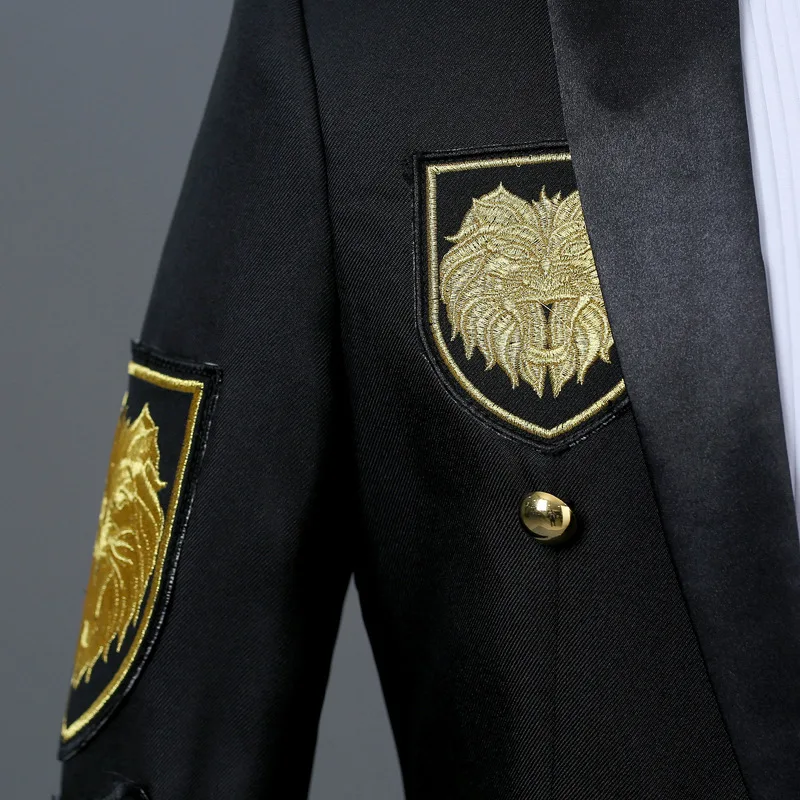 Gold Medal Embroidery Black Suit&Blazer Men Double Breasted Mens Military Blazer Jacket Stage Prom Show Singer Costume Homme Xxl