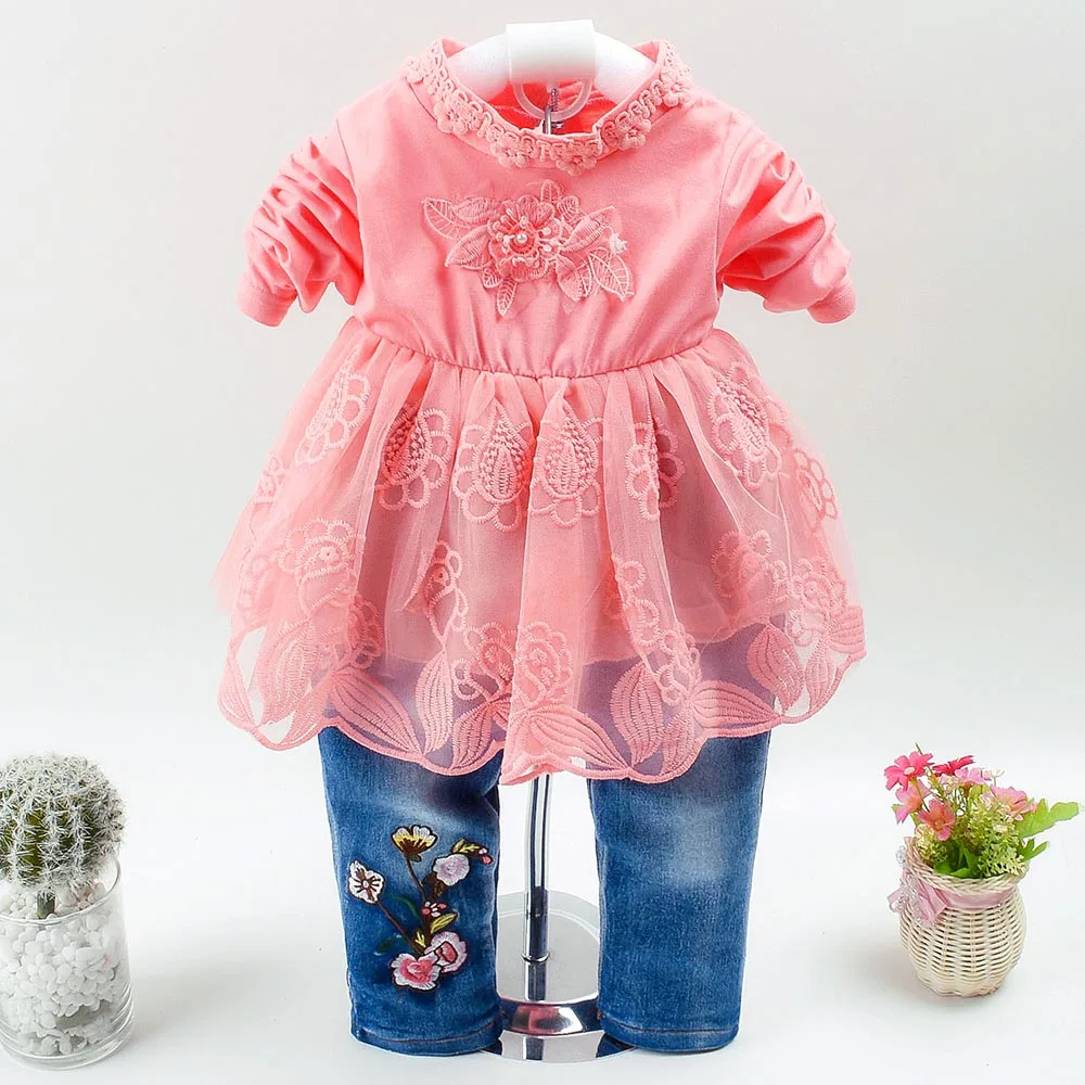 Spring Autumn Infant Baby Girl Denim Clothing Sets 3 pcs Long Sleeve T Shirt Dress Tops Denim Jacket and Jeans Trousers Pants