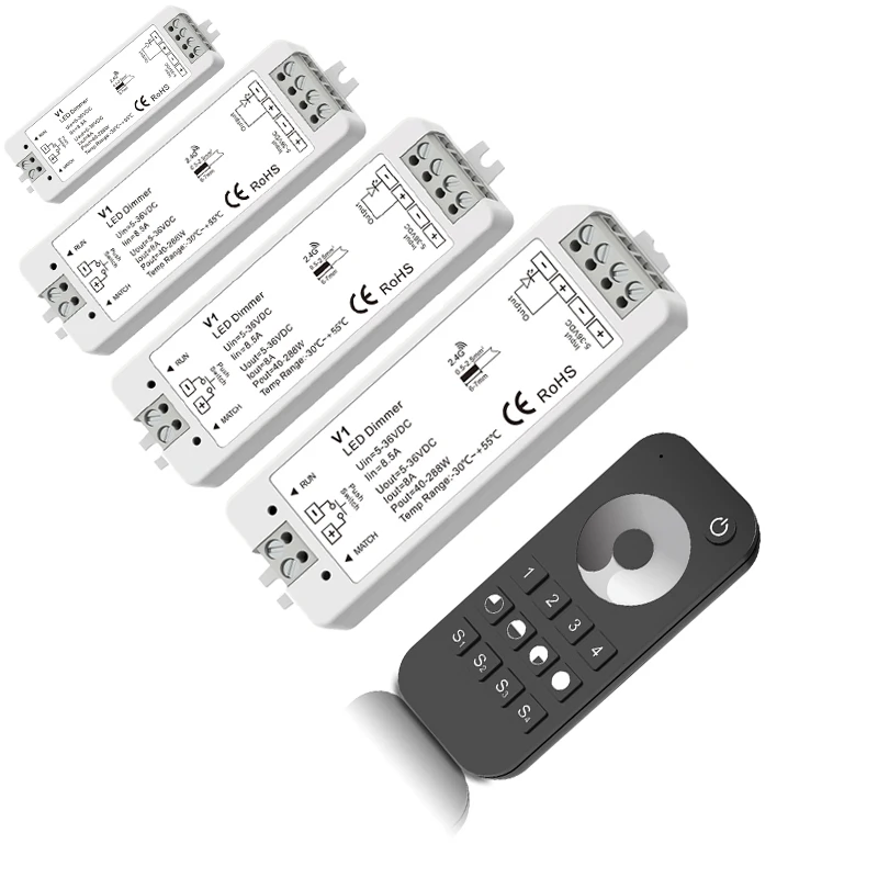 Led Strip Dimmer 12V 24V 4 Zones RF Wireless Remote 1 Channel Receiver 5050 3528 Single Color String Ribbon Power On Off Switch