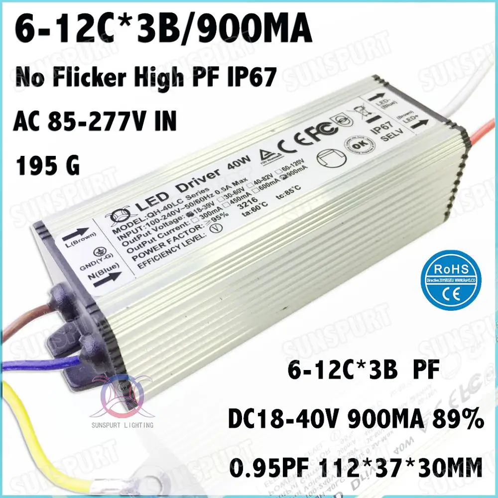 

3 Pcs No Flicker PFC IP67 40W AC85-277V LED Driver 6-12Cx3B 900mA DC18-40V Constant Current Power For Ceiling Lamp Free Shipping