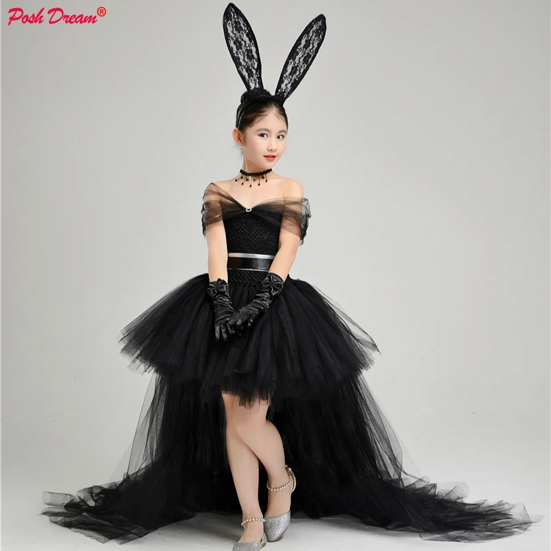 POSH DREAM 4 Pcs Dress Headband Necklace Glove Girl Black Princess Tutu Dress with Train Tulle Black Girls Halloween Party Dress