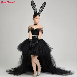 POSH DREAM 4 Pcs Dress Headband Necklace Glove Girl Black Princess Tutu Dress with Train Tulle Black Girls Halloween Party Dress