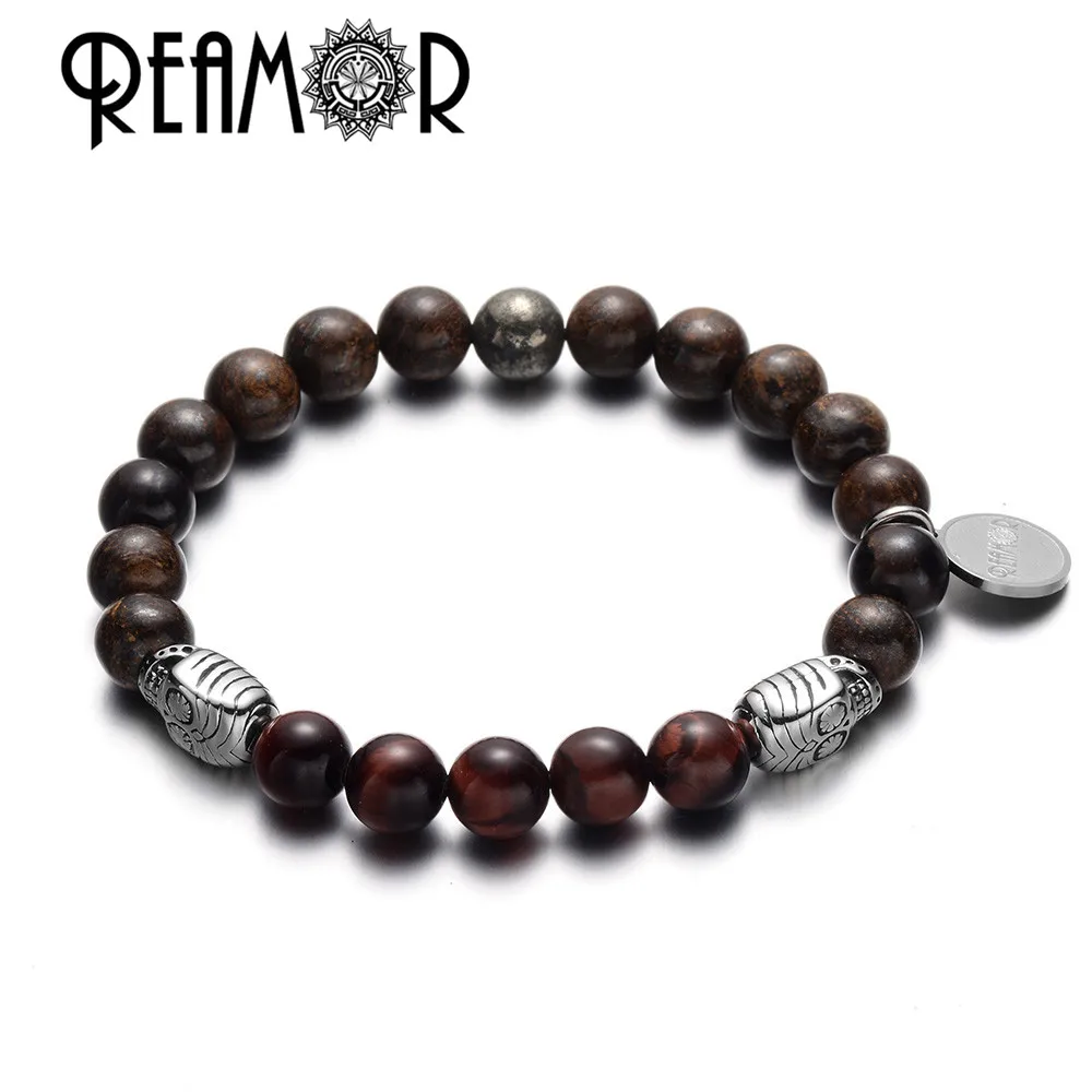 

REAMOR New Stainless Steel Skull Natural Bronzite Gem Stone Bracelet Red Tiger Eye Stone Elastic Bracelets&Bangles Men Jewelry