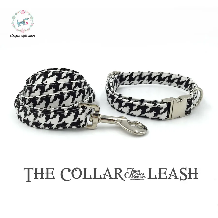 Dog Collar and Perro Leash Set with Bow Tie Cotton Dog &Cat Necklace and Dog Lead Pet Products Fashion Houndstooth