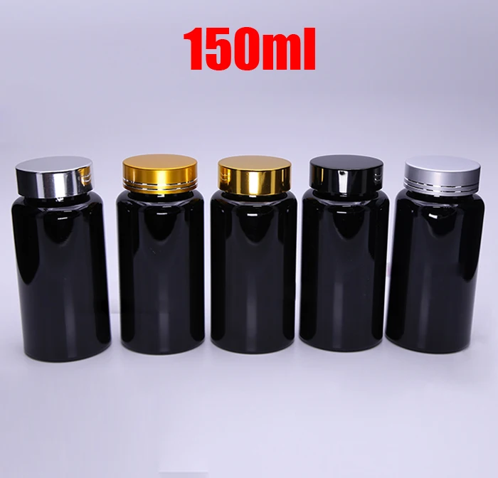 100PCS 150ml Light-proof Black Bottles, Plastic Bottles, Capsules Bottles, Empty Bottles--5 Colors Aluminum Lids with Seals