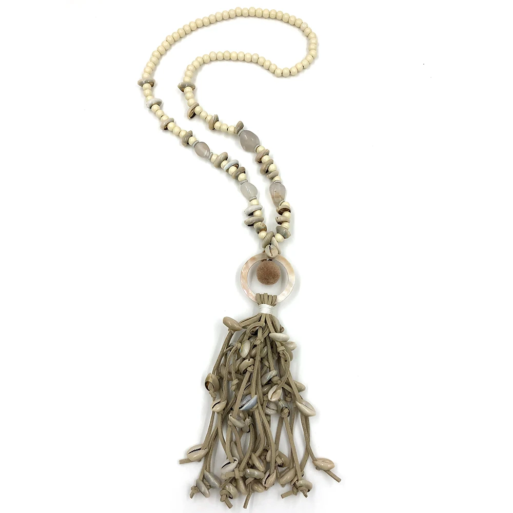 New handmade jewelry supplier shell beaded chain leather tassel pendents unique boho chic Bohemia long fringe pendant Necklaces