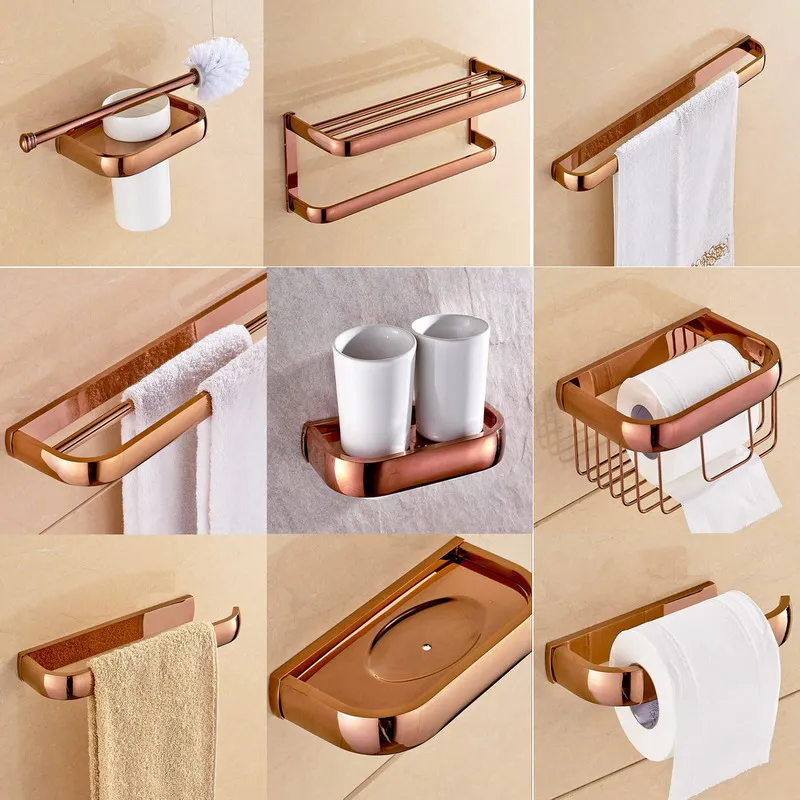 Wall Mounted Luxury Rose Gold Copper Brass Square Shape Bathroom Accessories Set Bath Hardware Towel Bar A022