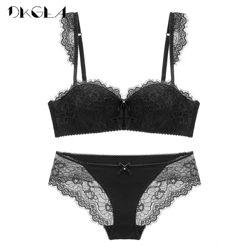 New Fashion Green Brassiere Deep V Push Up Bra Set Thick Cotton A B C Cup Women Bras Lingerie Set Lace Sexy Underwear Black