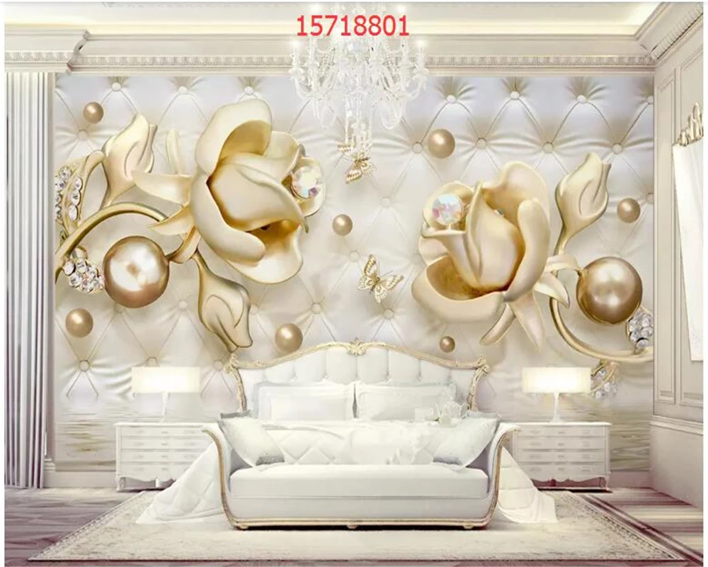 beibehang Custom European luxury high-grade flower soft bag 3d three-dimensional jewelry diamond TV background wallpaper