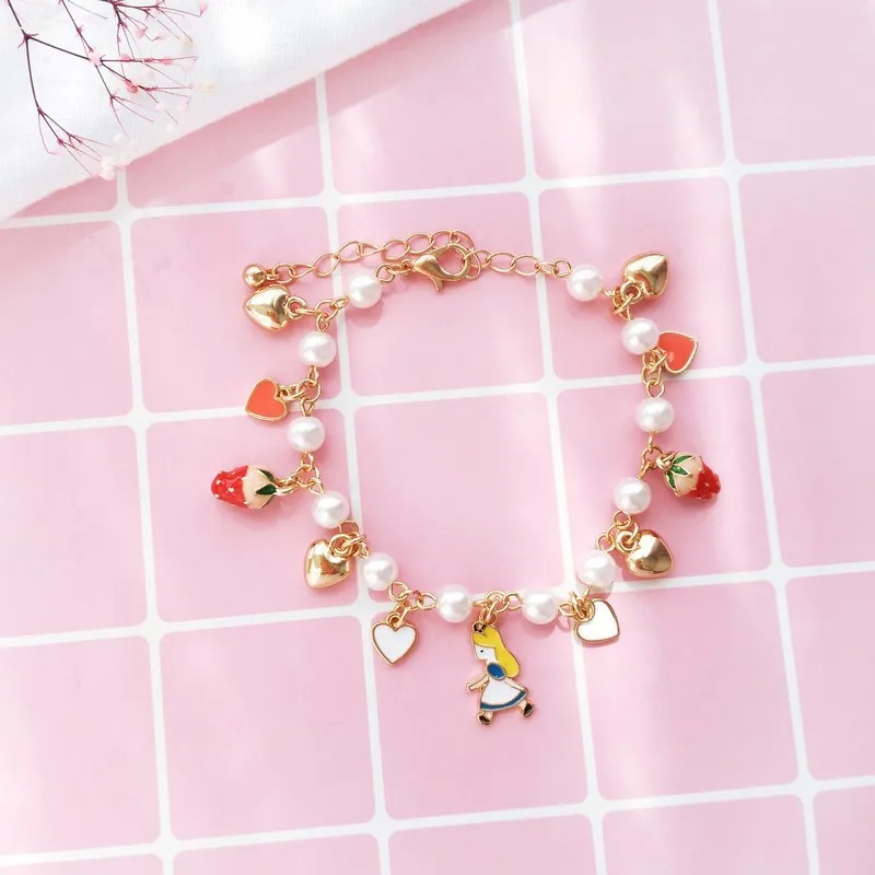 Kids Girls Gift Gold Color Heart Imatation Pearl Poker Strawberry Charms Alice in Wonderland Bracelet