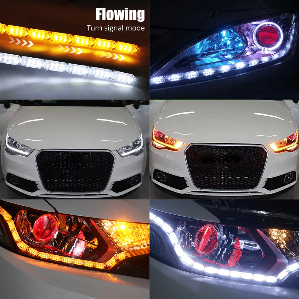 2pcs Flexible LED Strip DRL Daytime Running Light Turn Signal Waterproof Flowing White Yellow Car Front Headlamp Driving Light