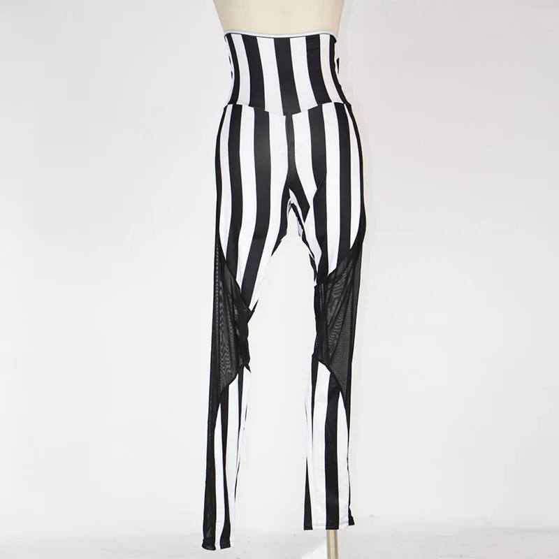 Women\'s Sexy Streetwear Leggings High Waist Striped Patchwork Mesh Pants