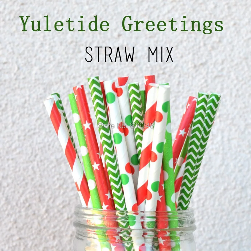 125 Pcs Mixed Colors Yuletide Greetings Christmas Paper Straws,Biodegradable Party Kids Parties Decor,Green Red Cake Pop Sticks