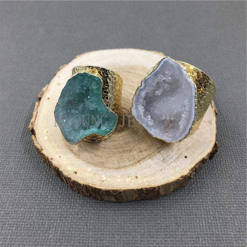 

MY1040 Natural Agates Druzy Geode Rings Gold Color Base Rings for women