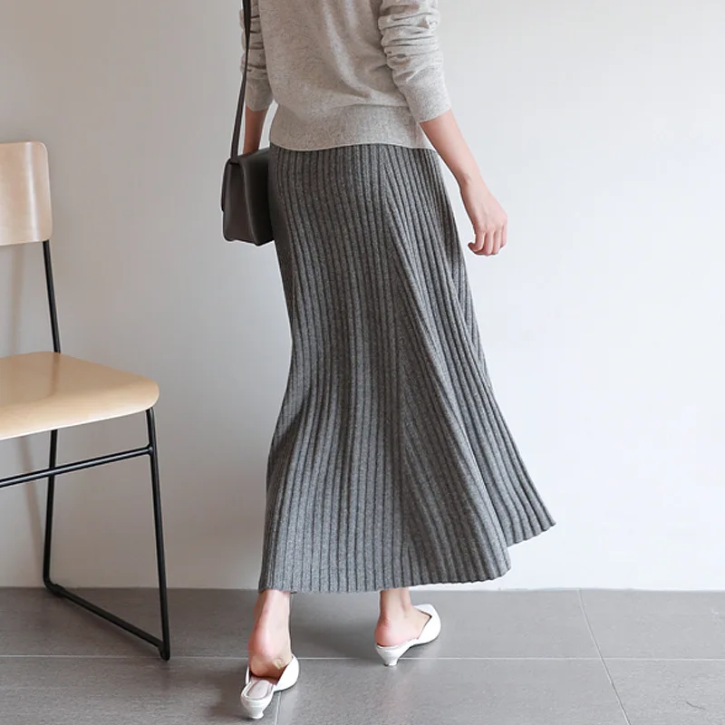 Textured Knitted Midi Skirt Women Swing High Waist Winter Skirts Grey Black S,M