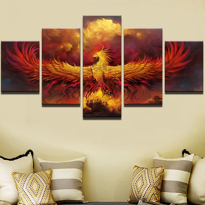 

Canvas Abstract Painting Modular Wall Art 5 Pieces Fire Phoenix Bird Pictures Living Room Home Decor HD Printed Poster Framework