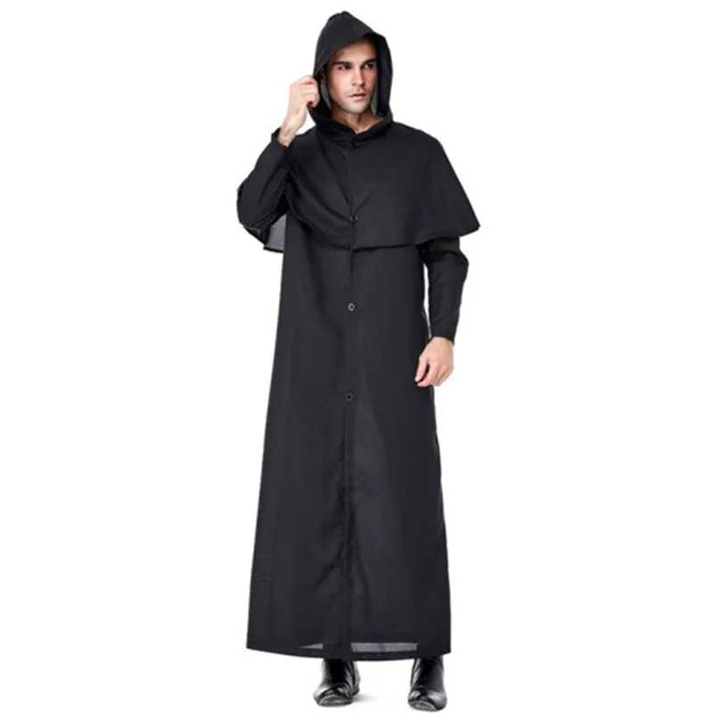 Costumes effrayants de la faucheuse noire pour hommes, robe de soirée en boîte de nuit, cosplay de carnaval, mascotte de Pourim, prêtre, pasteur, ministre, noir, Halloween