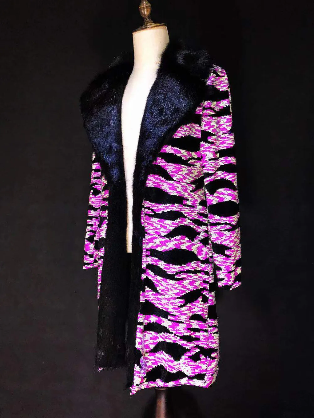 New Fluorescence Pink Zebra Print  Long Coat Fashion Fur Collar Jacket Costumes Nightclub bar Male Singer Dance Stage Show Coat