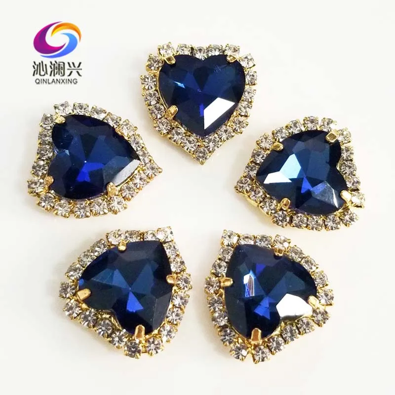 

Heart Shape Ink Blue Color Crystal Glass Rhinestones, Gold Bottom Sew on Buckle, Used for Needlework, DIY/Sewing Accessories