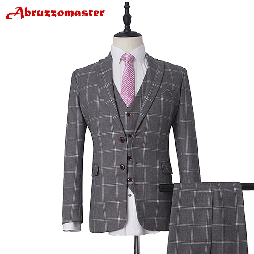 

Light Gery Wedding suit Single Breasted Tailor Suit Blazer Plaid Suit Groom Tuxedos England Suits Jacket+pants+vest