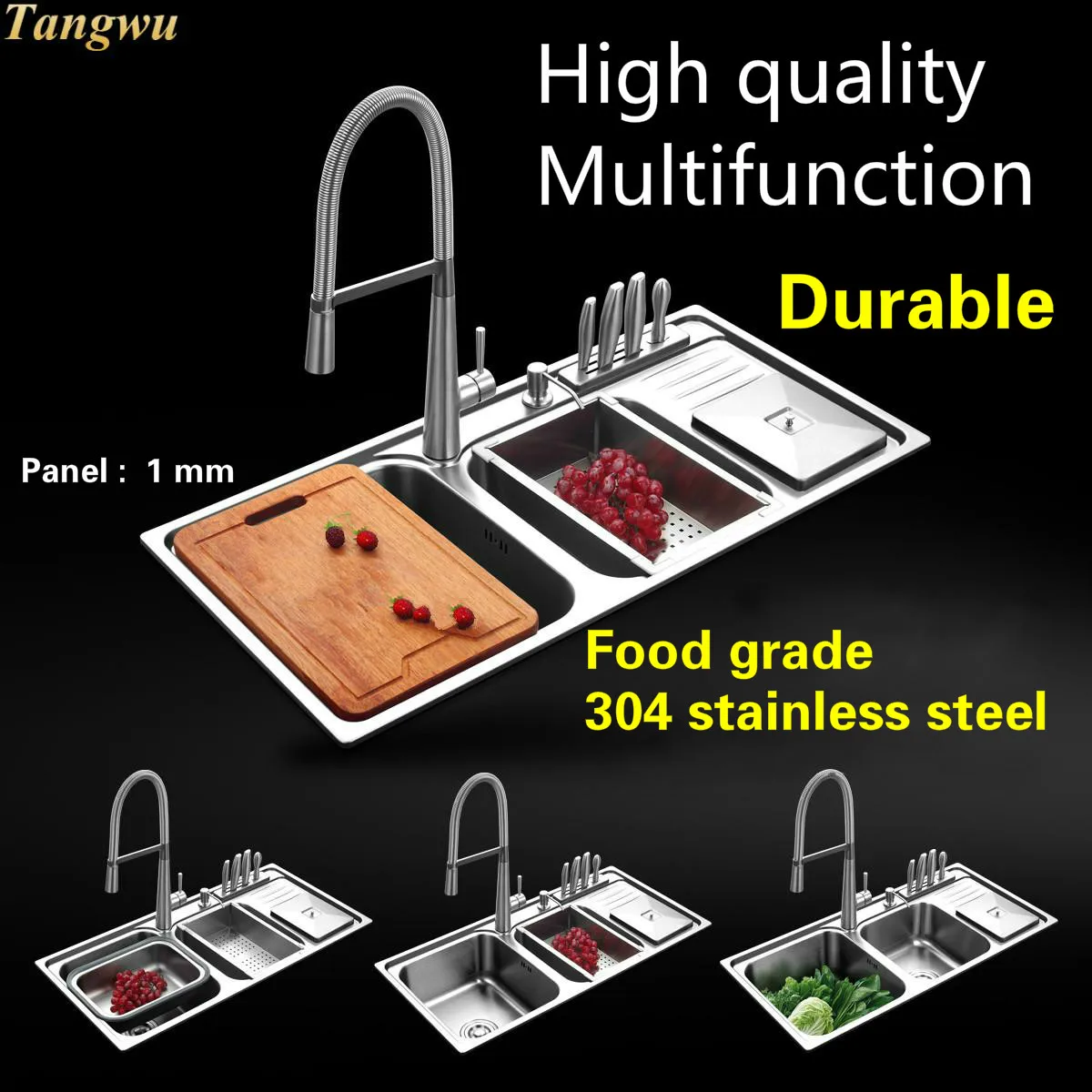 Tangwu Luxurious kitchen sink upscale 1 mm thick food grade 304 stainless steel double grooves 92x45x22 CM