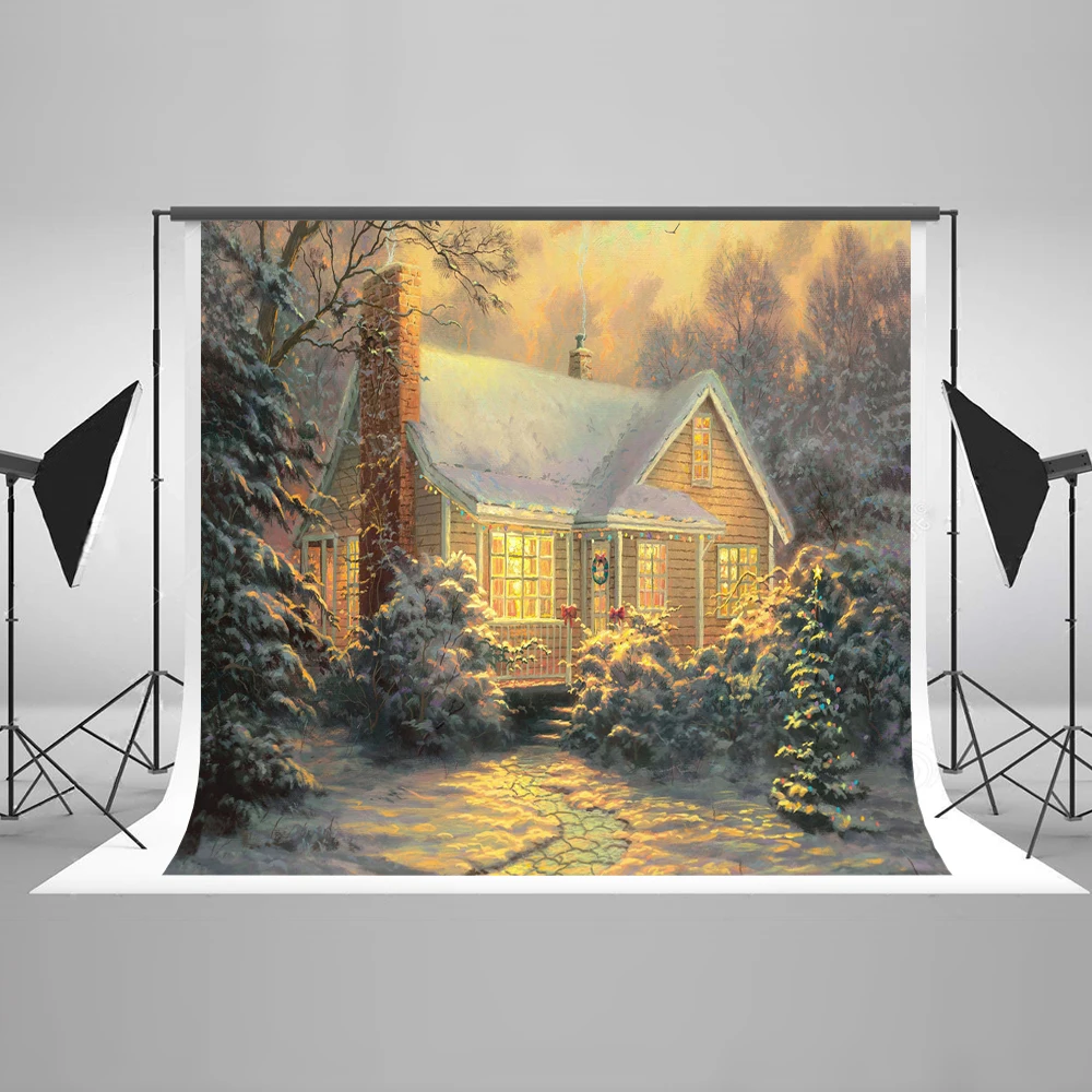 

VinylBDS Snow Winter Photo Backdrop Light Scenic House Photography Backdrops With Trees Children Photography Backdrops Christmas