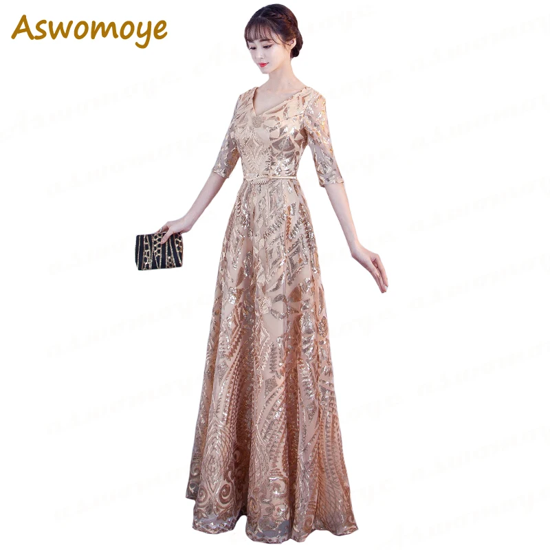 

Aswomoye 2018 Spring New Stylish Elegant Long Evening Dress V-Neck Party Dresses Sequins A-Line Formal Prom Dress robe de soiree