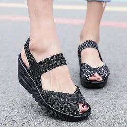 2025 Summer Sandals Womens Shoes Casual Breath Woven Wedges Shoes 6CM High Fashion Outside Sandals Female Slipper Black 35-41