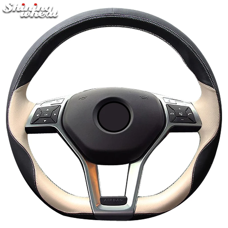 

Shining wheat Black Beige Leather Steering Wheel Cover for Mercedes Benz A-Class 2013-2015 CLA-Class 2013 2014 C-Class 2013